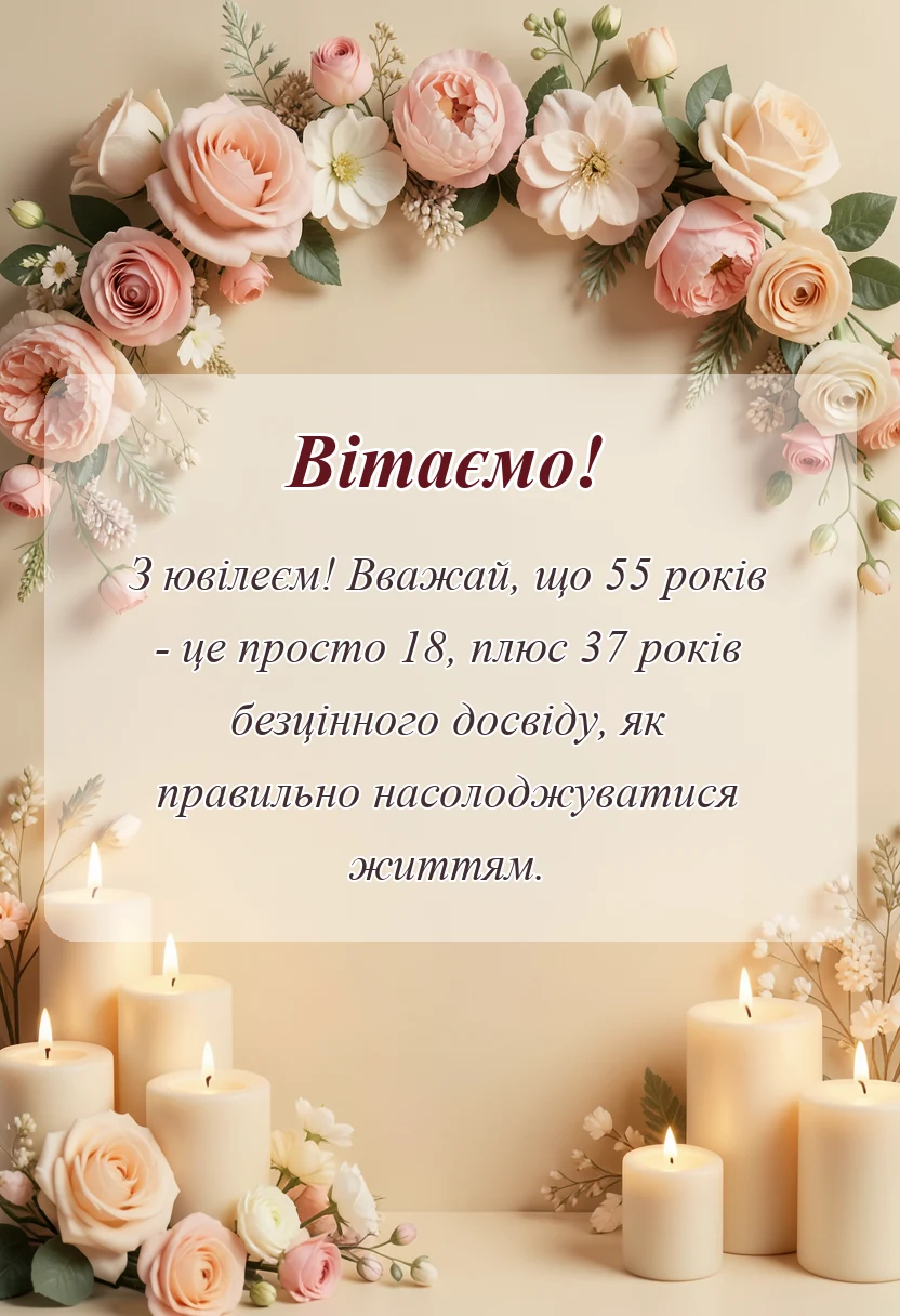 листівка з побажанням - привітання з 55-річчям жінці
