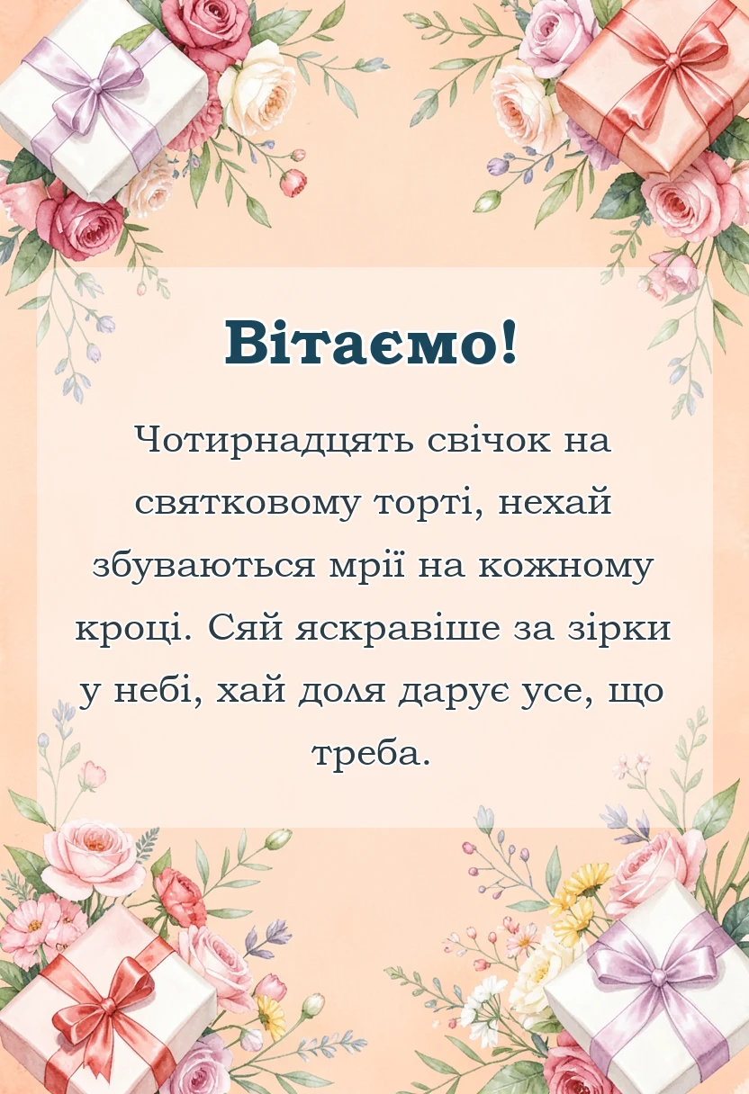 унікальна листівка - привітання з днем народження 14 років дівчинці