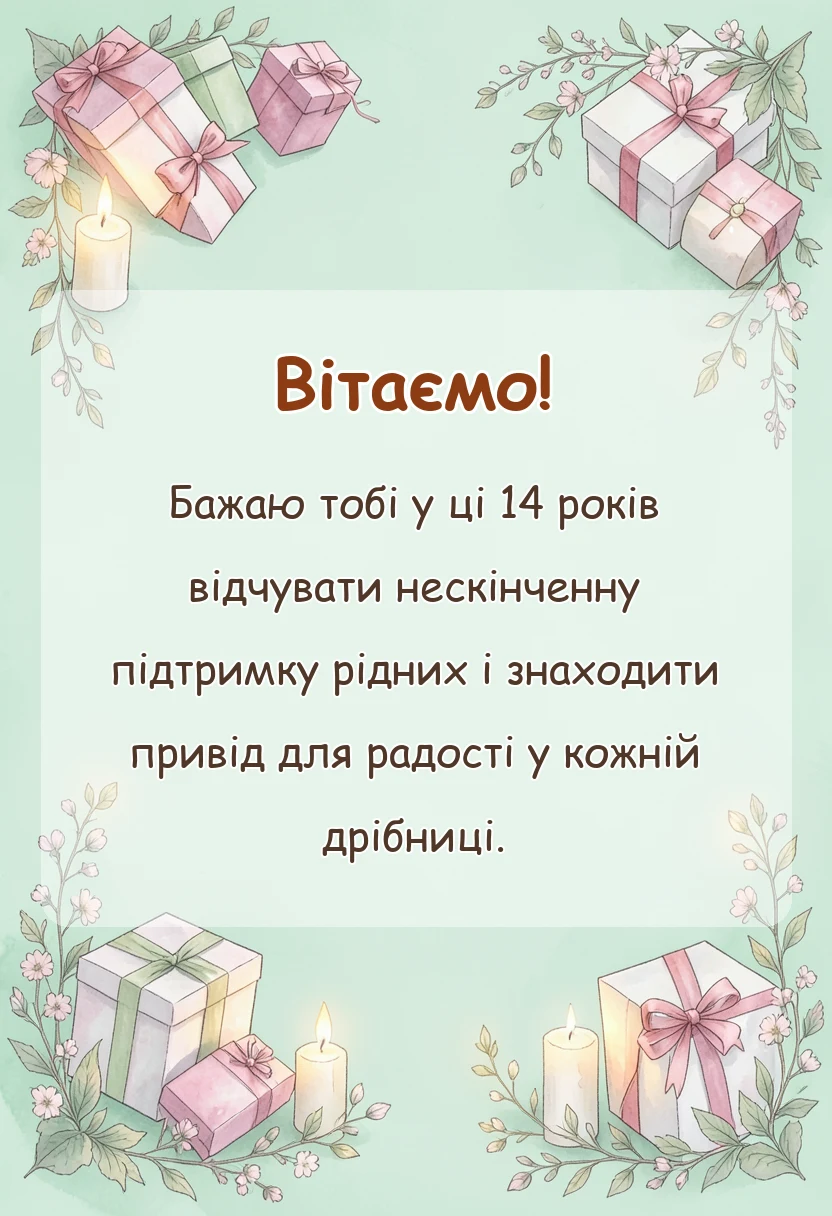 вітальна листівка - привітання з днем народження 14 років дівчинці