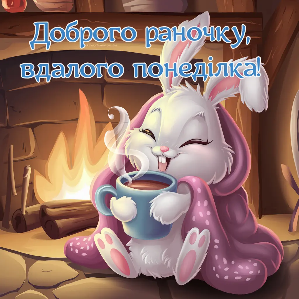Зайчик з чашкою какао біля каміна вітає у понеділок.