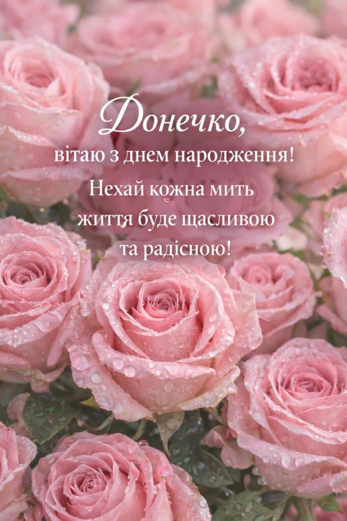 Розові троянди з краплями води та привітанням на день народження донечці.