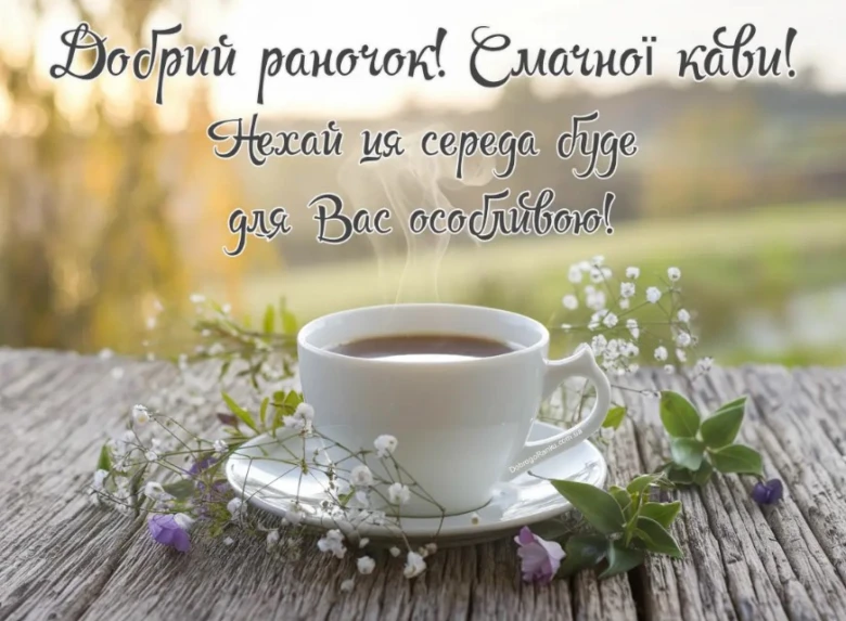 Кашка в чашці з квітами на дерев'яному столі.