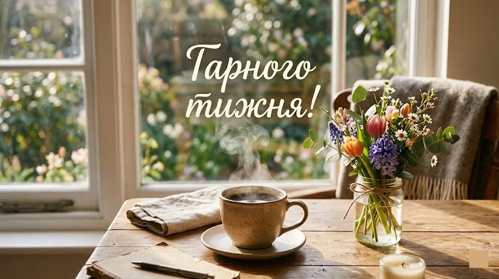 Гарний початок тижня! Кава та квіти біля вікна.