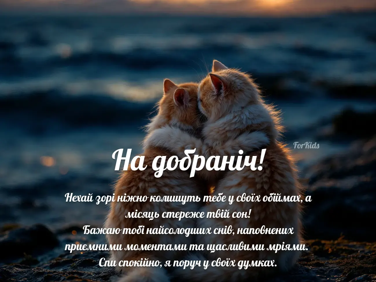 Дві котів обіймаються на заході сонця з побажаннями добраніч.
