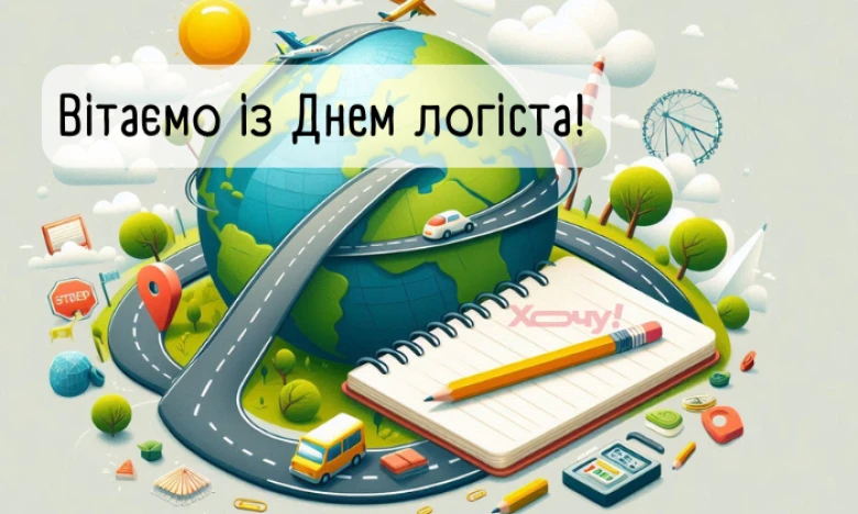 Кольорова ілюстрація земної кулі з дорогами та транспортними засобами для привітання логіста.