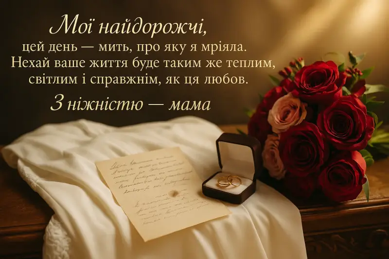 Весільна картка з квітами та кільцями від матері.
