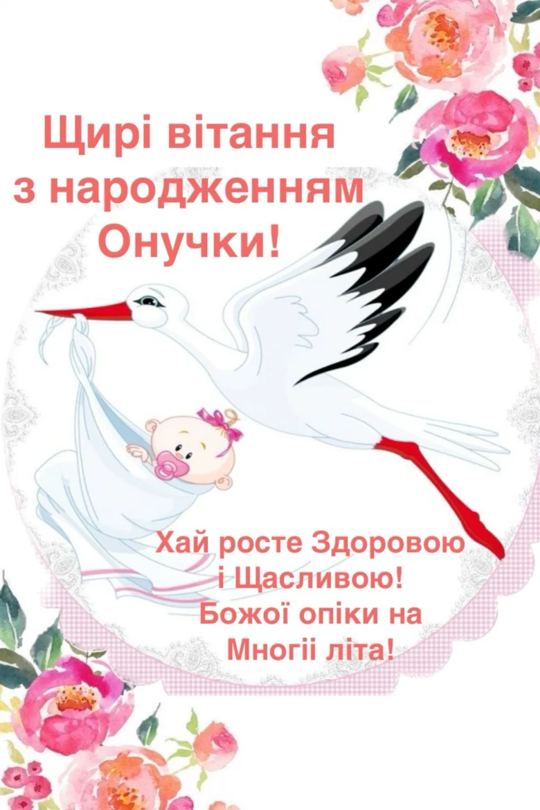 Вітання з народженням онучки: журавель несе дівчинку серед квітів.