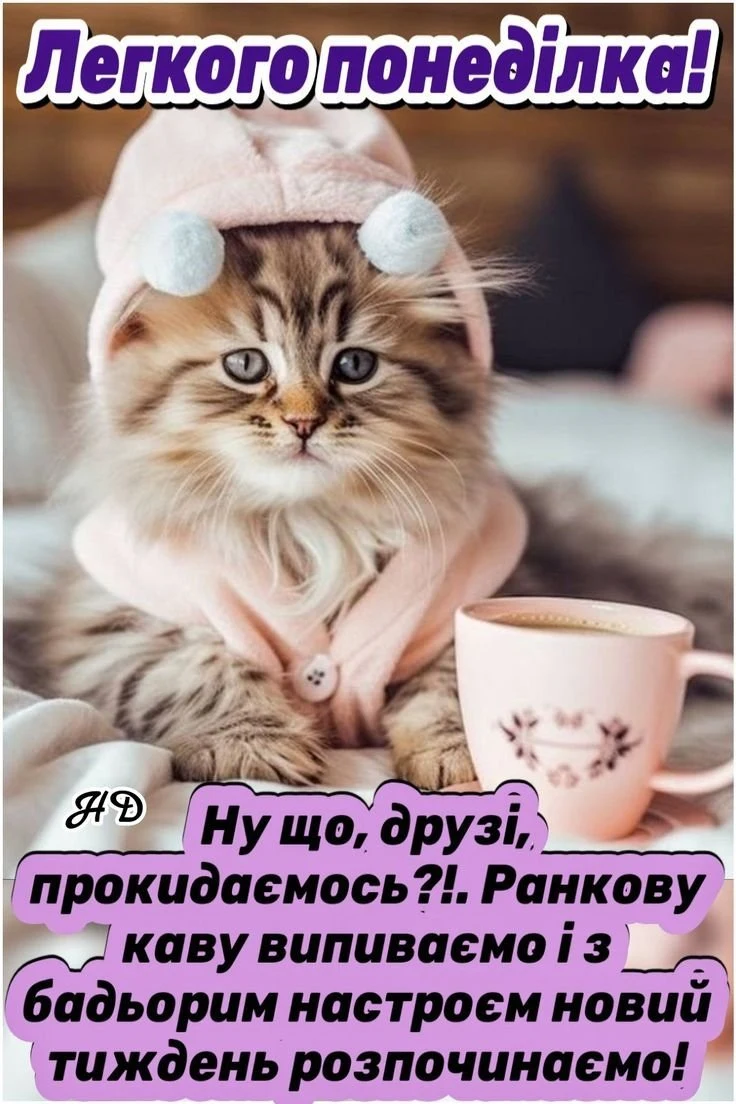 Кіт у рожевому капелюшку з кавою та привітанням на понеділок.