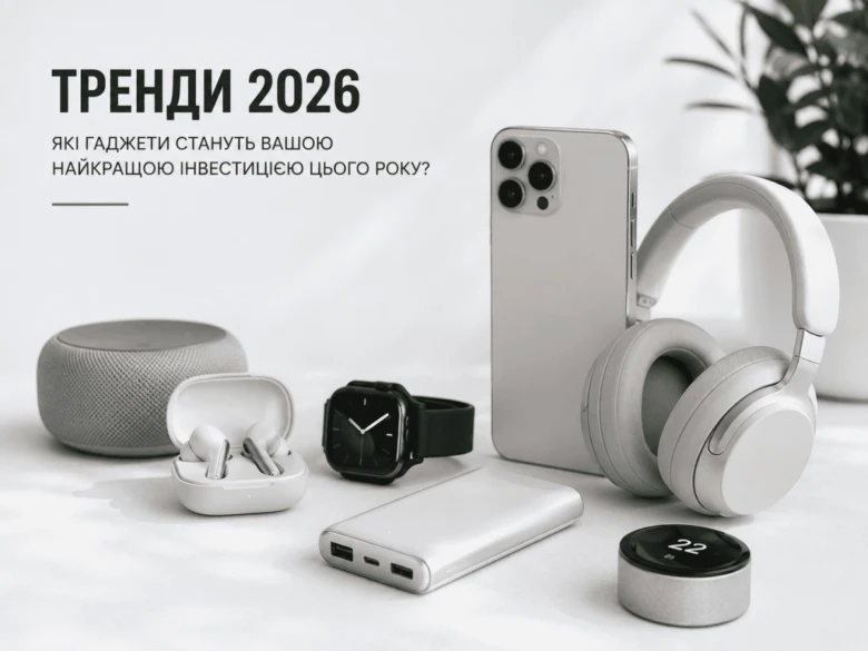 Сучасні гаджети для трендів 2026 року на світлому фоні