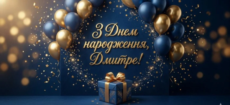 Привітання з днем народження Дмитру: кульки та подарунок.