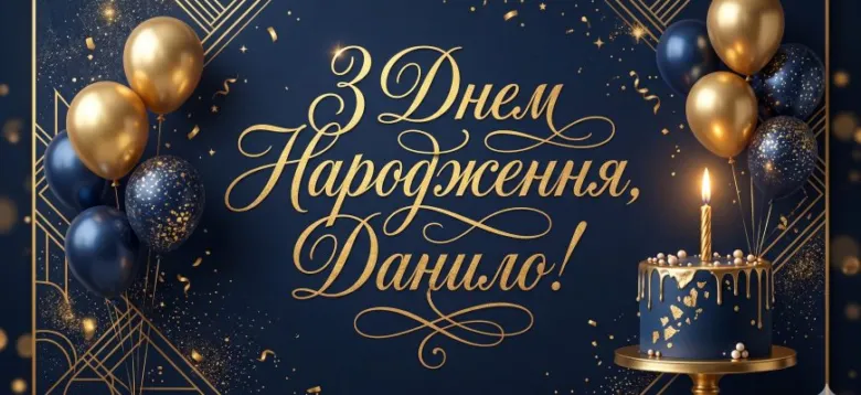 Картка з днем народження Данило: торт і кульки