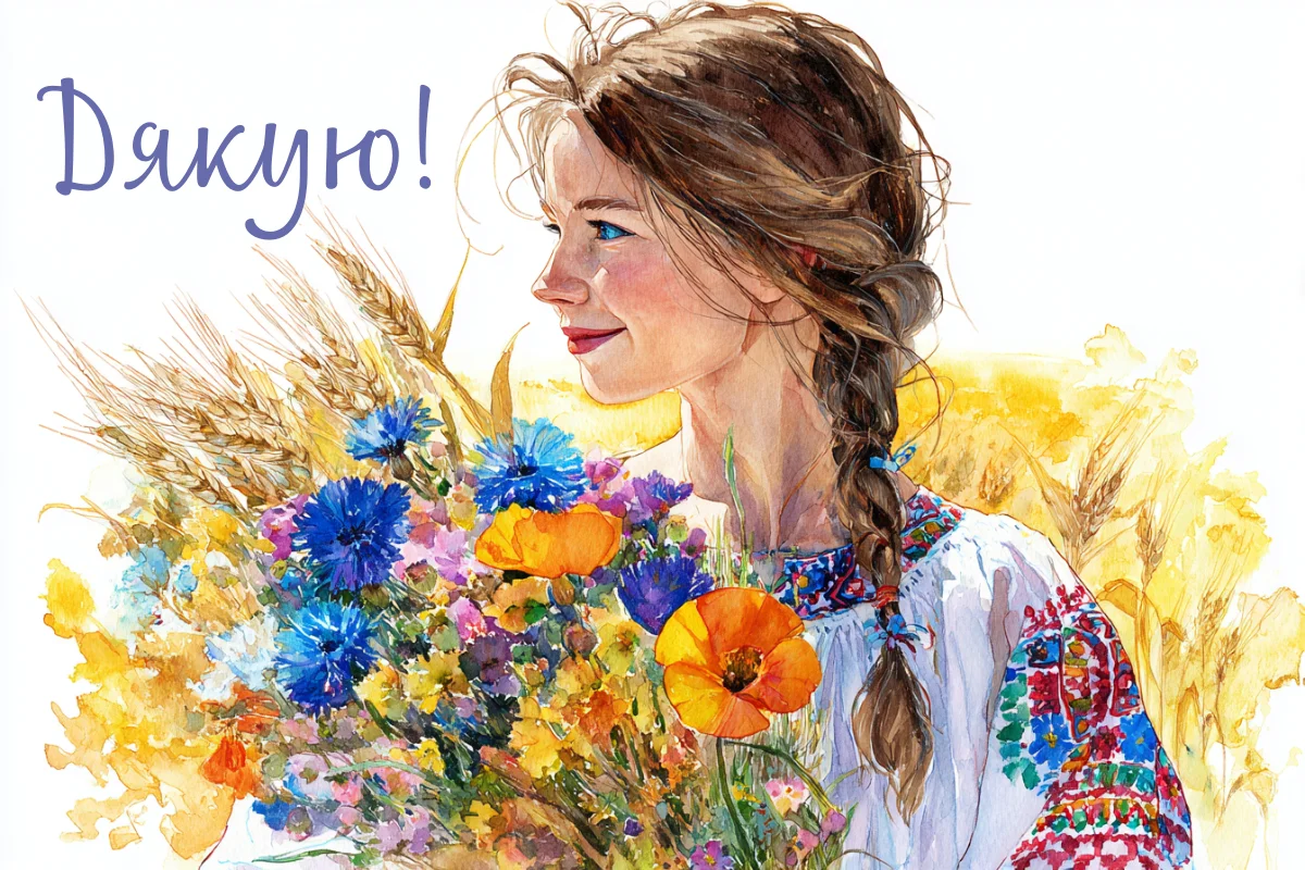 Українська дівчина з квітами та написом Дякую!