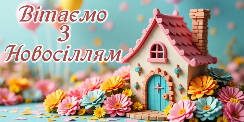 Картка з привітанням до новоселів у вигляді будиночка та квітів.