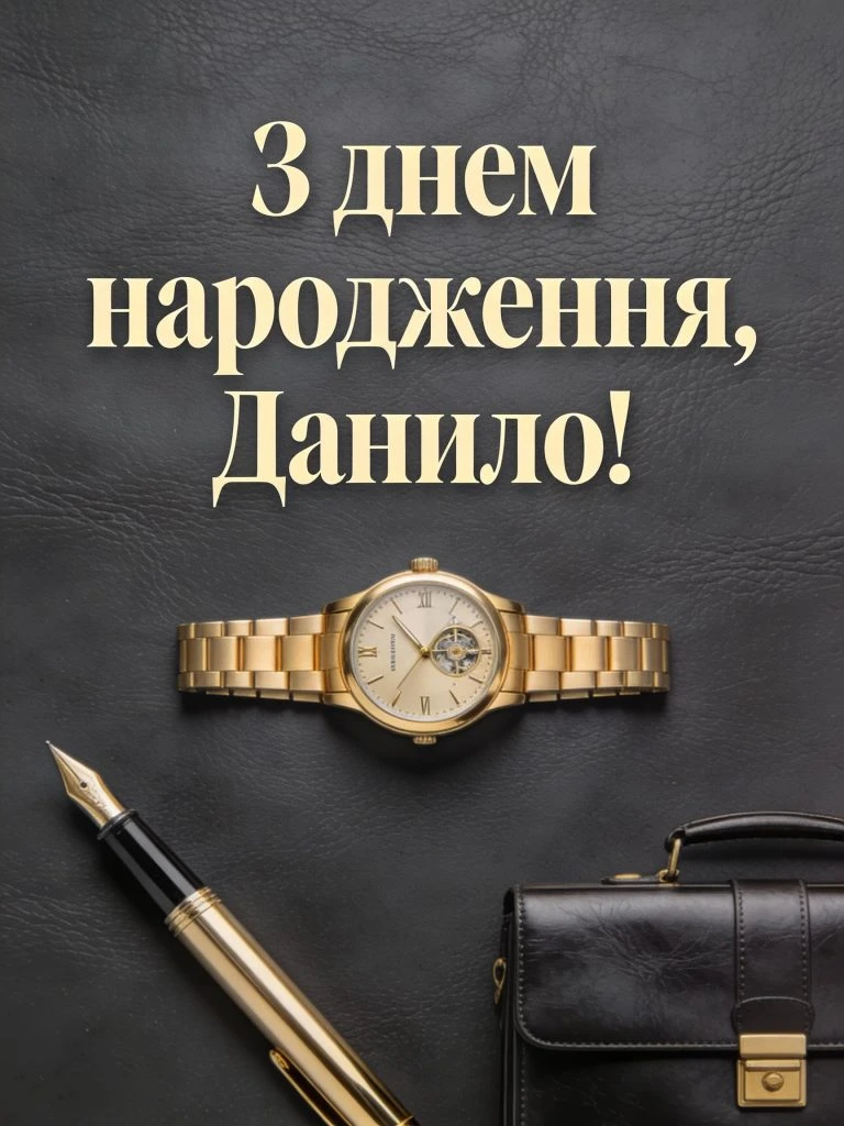 Золоті годинник та ручка на чорному тлі з привітанням Данило!