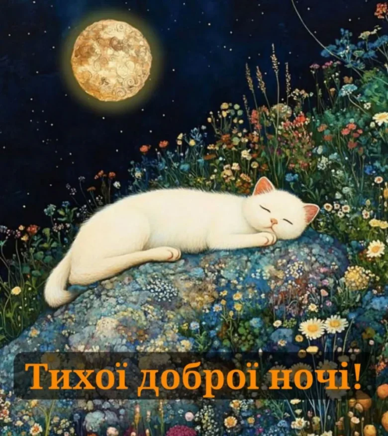 Білий кіт спить на квітучій скелі під місяцем.