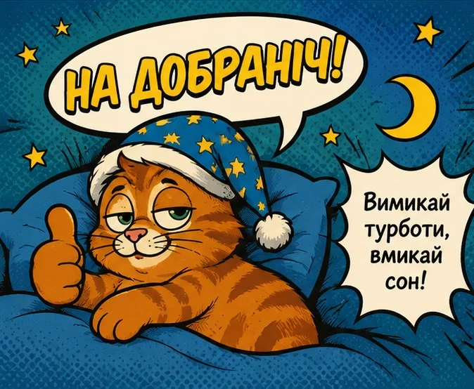 Кіт у шапці каже: «На добраніч!» під зірками.