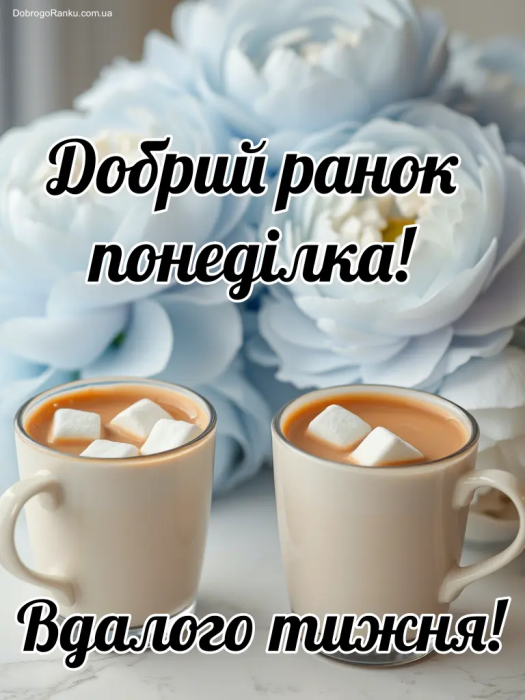 Два чашки какао з маршмеловами та квіти для привітання понеділком.