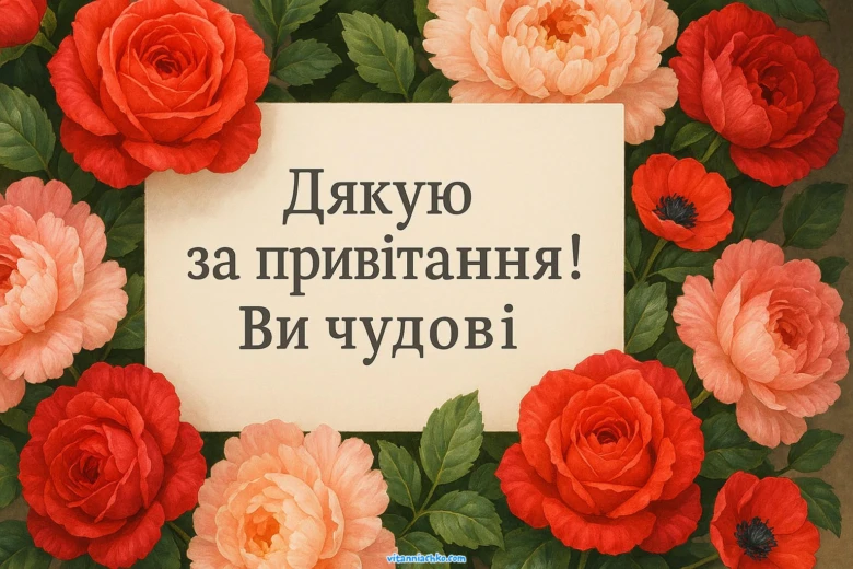 Квіти та український текст: Дякую за привітання! Ви чудові