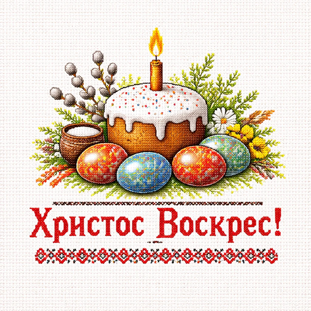 Великдень: торт, яйця, квіти та напис Христос Воскрес!
